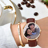 Unisex Engraved Rose Goldtone Photo Watch Brown Leather Strap 40mm-4