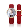 Women's Engraved Rose Goldtone Photo Watch Red Leather Strap 36mm-1