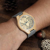 Women's Engraved Bamboo Photo Watch Grey Leather Strap 40mm-7