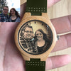 Women's Engraved Bamboo Photo Watch Dark Green Leather Strap 40mm-7