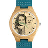 Women's Engraved Wooden Photo Watch Blue Leather Strap - Bamboo