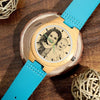 Women's Engraved Wooden Photo Watch Blue Leather Strap - Bamboo-2