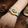 Women's Engraved Wooden Photo Watch Blue Leather Strap - Bamboo-3