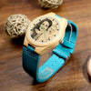 Women's Engraved Wooden Photo Watch Blue Leather Strap - Bamboo-4