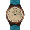 Women's Engraved Wooden Photo Watch Blue Leather Strap - Sandalwood