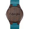 Women's Engraved Wooden Photo Watch Blue Leather Strap - Sandalwood-1