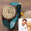 Women's Engraved Wooden Photo Watch Blue Leather Strap - Sandalwood-2