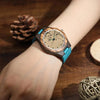 Women's Engraved Wooden Photo Watch Blue Leather Strap - Sandalwood-3