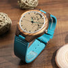 Women's Engraved Wooden Photo Watch Blue Leather Strap - Sandalwood-4