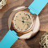 Women's Engraved Wooden Photo Watch Blue Leather Strap - Sandalwood-5