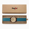 Women's Engraved Wooden Photo Watch Blue Leather Strap - Sandalwood-6